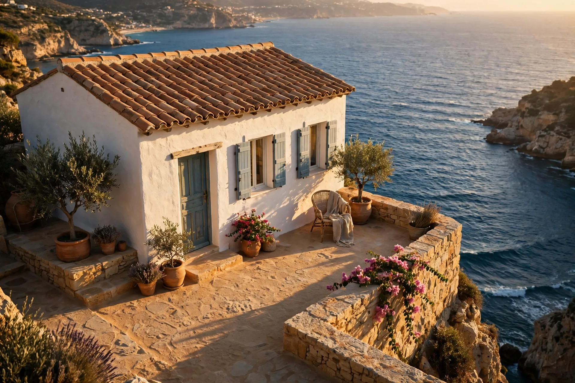 A whitewashed coastal cottage with a terracotta roof and stone terrace above a deep blue sea at golden hour